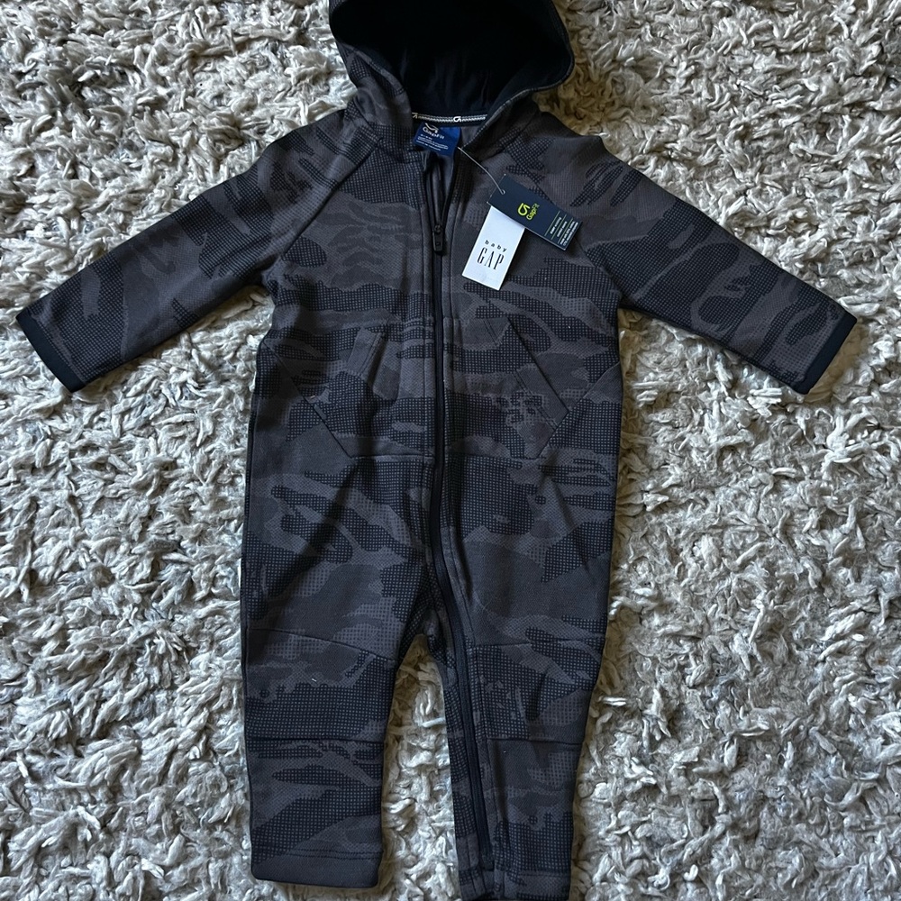 Baby Gap Black and Charcoal Camo Zip-Front Hooded One-Piece
